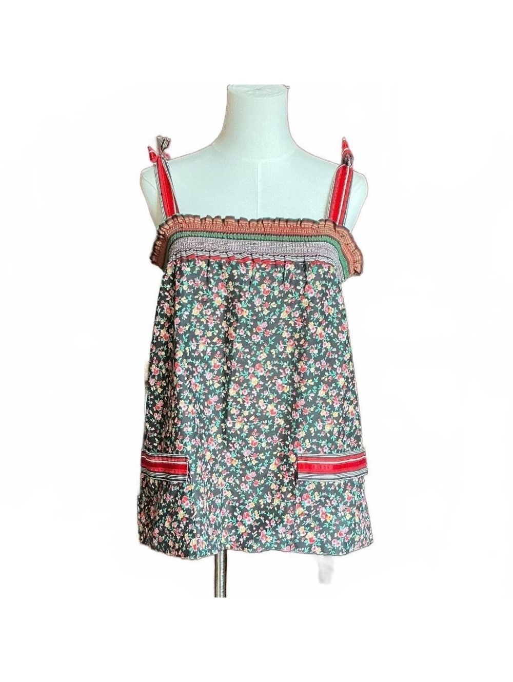 Vintage Floral Smocked Tie-Shoulder Top with Pockets